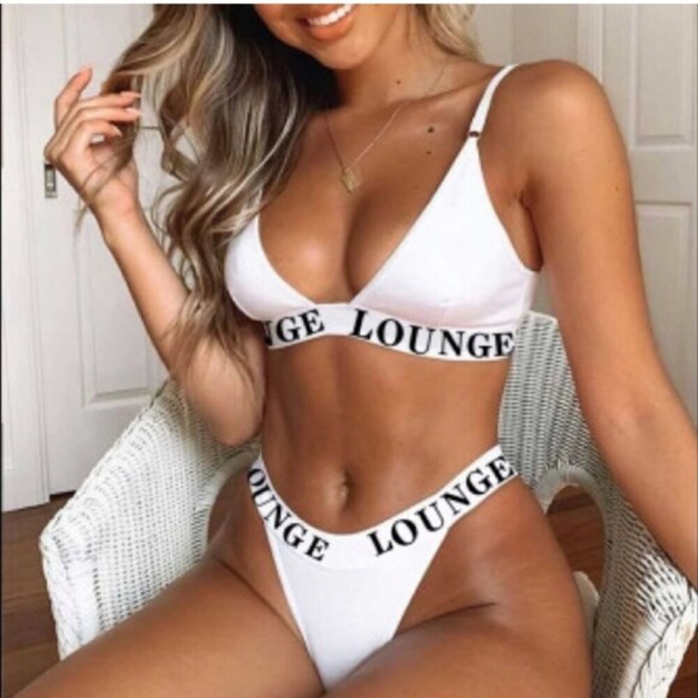 Lounge Underwear White Logo Bralette & Thong Set NWT Minimalist Lingerie